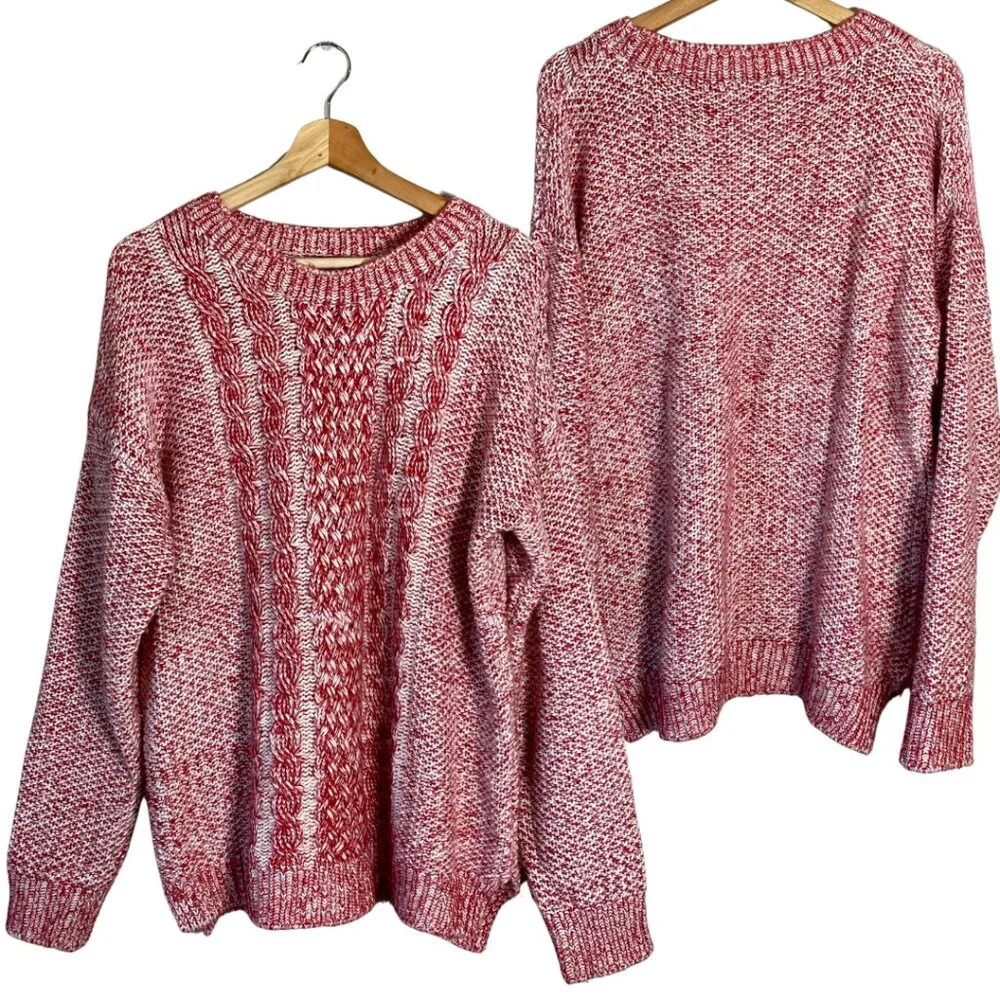 Anthropologie Everly Cable Knit Crew Neck Pullover Sweater Women Medium Red Cozy